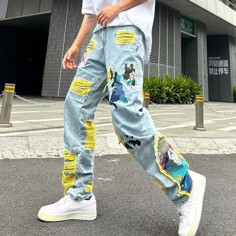 Aidase Streetwear Men Stylish Hip Hop Ripped Patch Slim Fit Jeans Pants Streetwear Casual Straight Denim Trousers aidase-shop