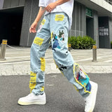 Aidase Streetwear Men Stylish Hip Hop Ripped Patch Slim Fit Jeans Pants Streetwear Casual Straight Denim Trousers aidase-shop