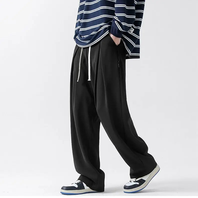 Aidase Spring All Season Casual Soft Solid Men's Cool Boys Drawstring Waist  Long Wide-legged Floor-length Straight-legged Pants aidase-shop