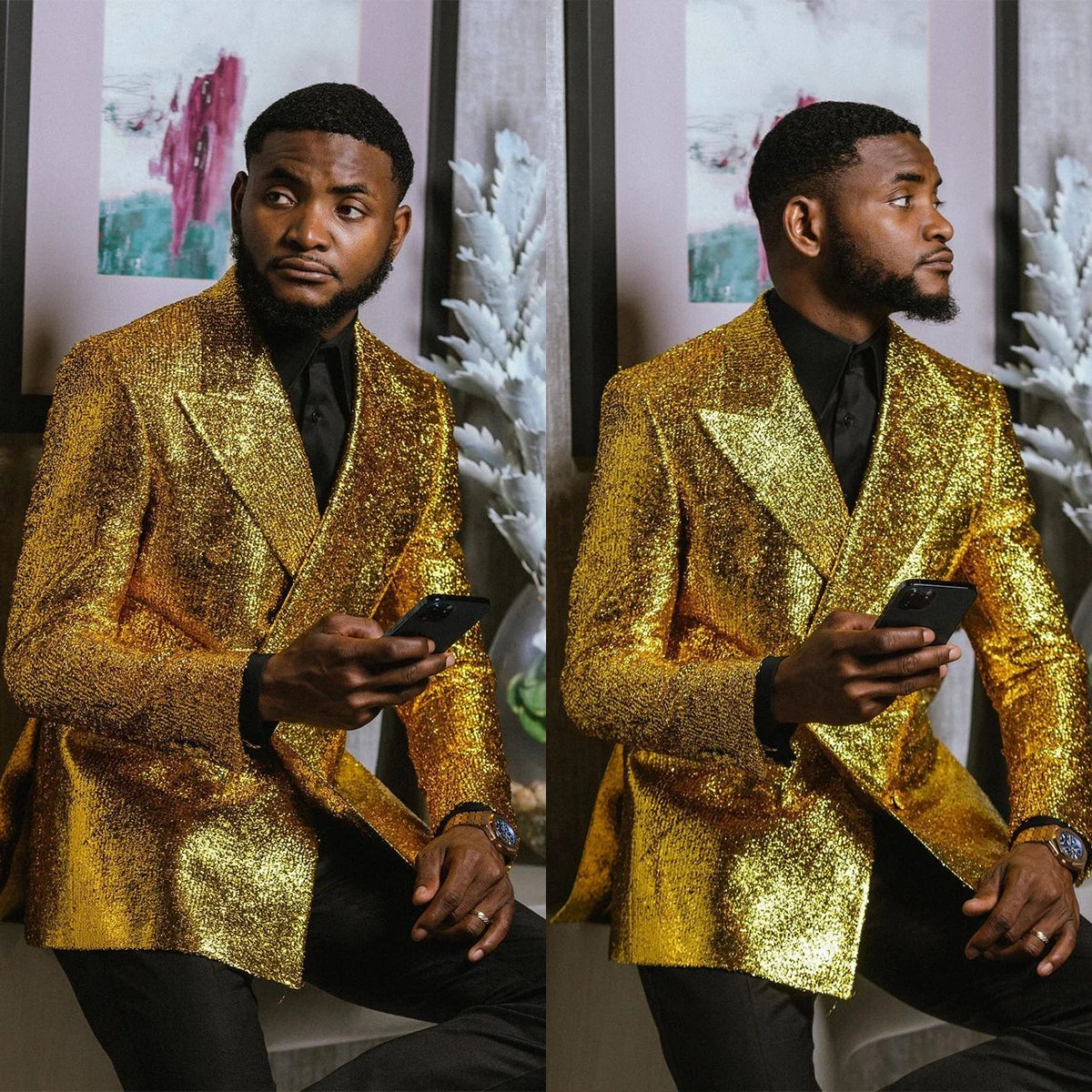 Aidase Gold Men's Suit 2 Pieces Blazer Black Pants One Button Peaked Lapel Business Slim Fit Formal Host Wedding Groom Costume Homme aidase-shop