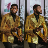 Aidase Gold Men's Suit 2 Pieces Blazer Black Pants One Button Peaked Lapel Business Slim Fit Formal Host Wedding Groom Costume Homme
