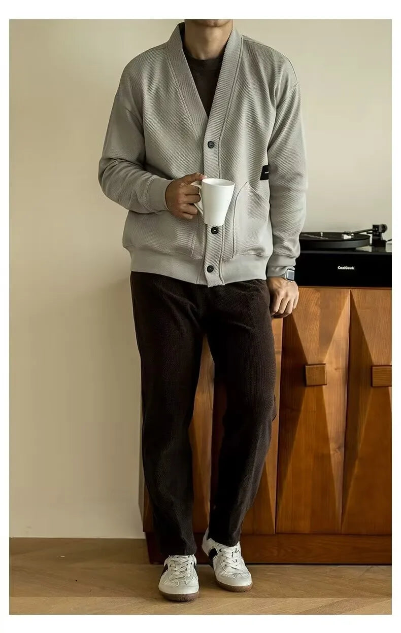 AIDASE  -  European Large V-neck Work Jacket Men's Twill Texture Elastic Long-sleeved Sweatshirt Cardigan Casual Commuting aidase-shop