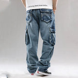 Men Cargo Casual Washed Jeans Trousers Multi Pockets Straight Loose Denim Pants For Male Plus Size 30-46 aidase-shop