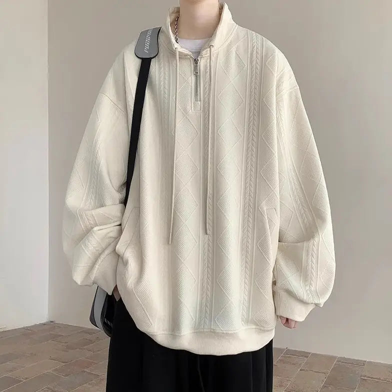 AIDASE  -  American Retro Zip-Up Collar Jacquard Sweatshirt Men's Winter Plush Oversized Couple Coat aidase-shop