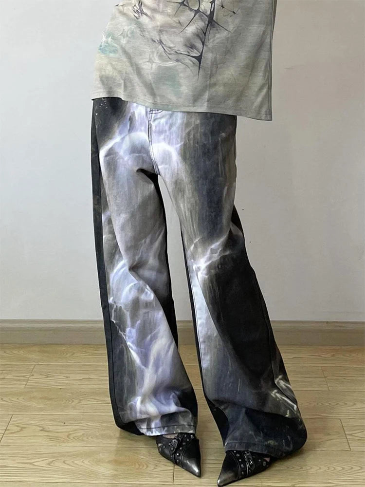 AIDASE  -  American Retro High Waist Full Length Jeans Street Waterfall Print Hip-hop Baggy Pants Women's Casual Y2K Grunge Denim Trouser aidase-shop