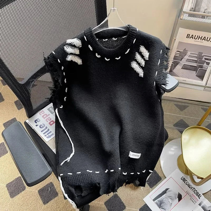 AIDASE  -  American Style Men Vest Sweater High Street Frayed Edge Design Fashion Loose Sleeveless Round Neck Male Knitwear 21E7565 aidase-shop