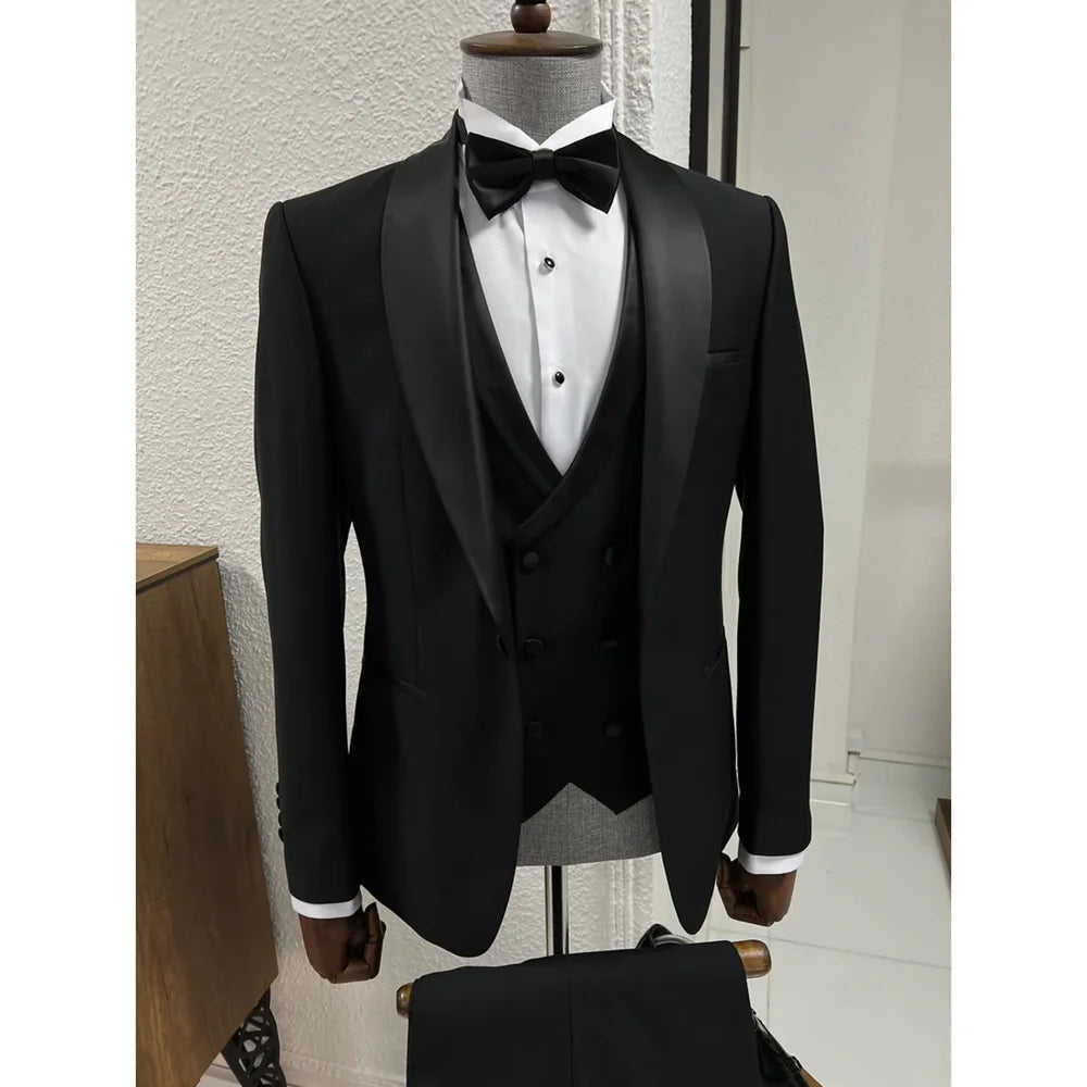 Aidase High-end Black Men Suits 3 Piece Elegant Shawl Lapel Singe Button Male Suit Slim Groom Wedding Party Tuxedo (Jacket+Vest+Pants) aidase-shop