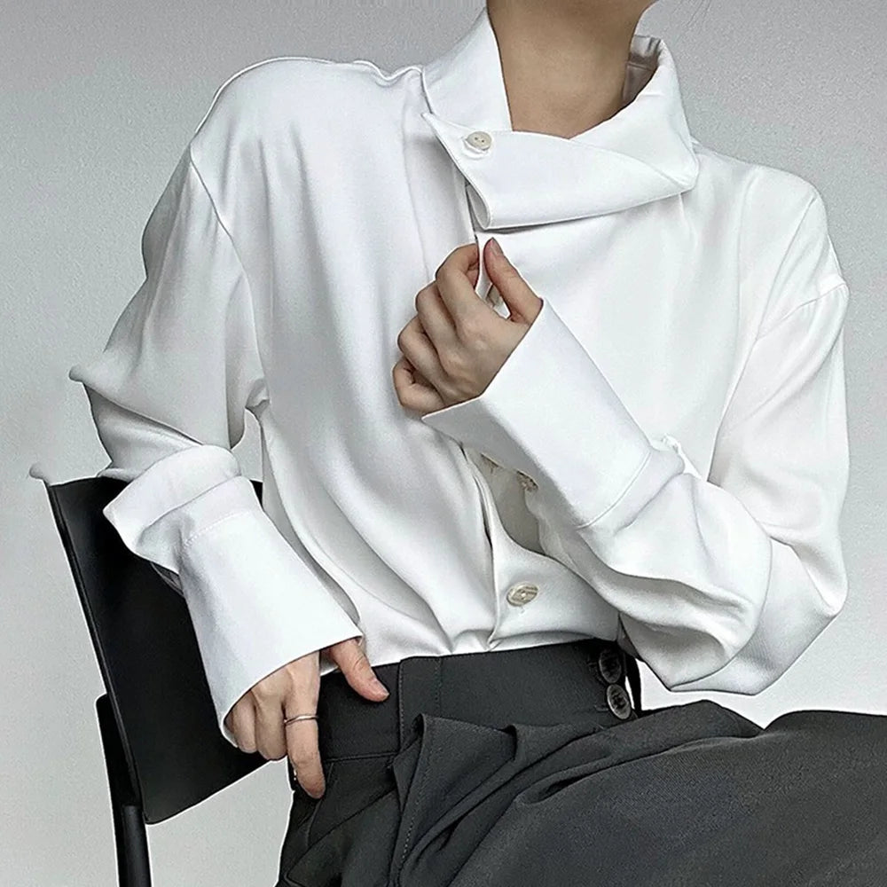 AIDASE  -  Spring New Men's Long Sleeve Solid Color Shirt Elegant Retro High-End Fashion Loose Neckline Design Irregular Men's Tops aidase-shop