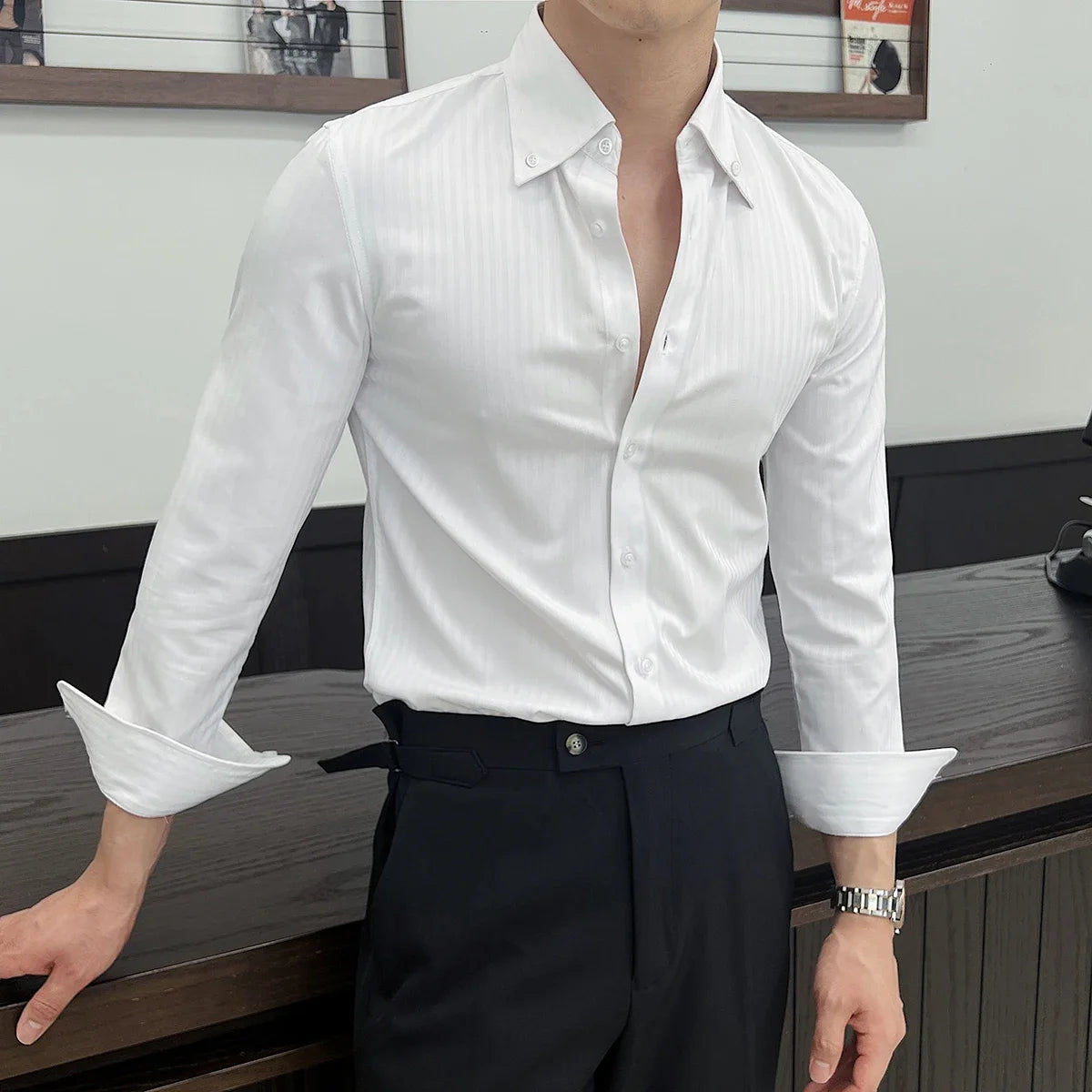 Aidase Men's New Long Sleeve Dark Stripes, Business Casual Lapels Top, Navy Blue Gentleman Banquet Shirt, Non-Ironing Treatment aidase-shop