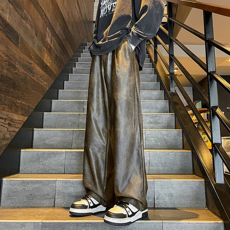 Aidase Men's PU Leather pants Fashion baggy Motorcycle Pants Men Wide-leg Mopping Trousers All-match Windproof Plus Size 8XL-M