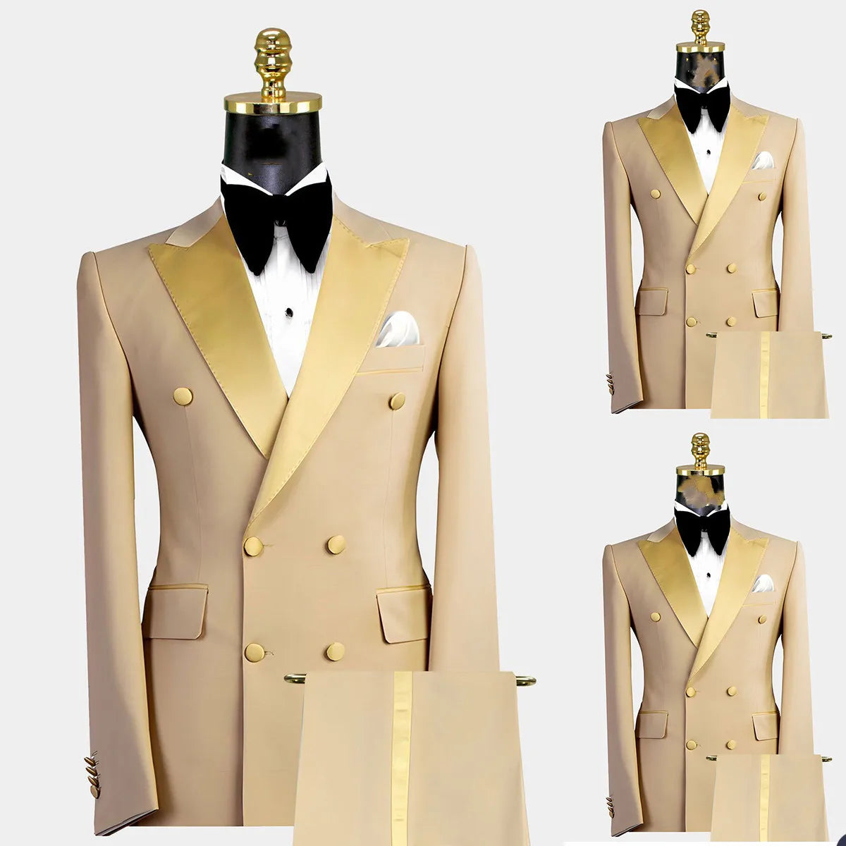 Aidase Gold Men Suits 2 Pieces Blazer Pure Pants Double Breasted Tuxedo Modern SatinWide Lapel Wedding Formal Work Prom Causal Tailored aidase-shop