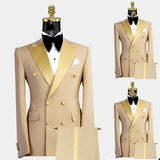 Aidase Gold Men Suits 2 Pieces Blazer Pure Pants Double Breasted Tuxedo Modern SatinWide Lapel Wedding Formal Work Prom Causal Tailored