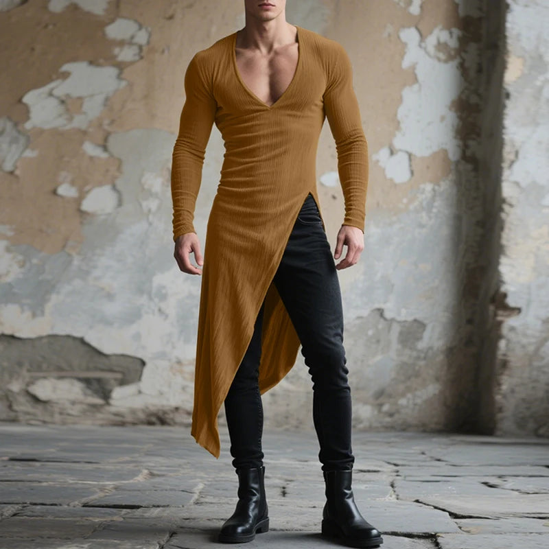 AIDASE  -  Men Irregular T Shirt Solid Color V Neck Short Sleeve Long Style Tee Tops Streetwear 2025 Fashion Casual Men Clothing aidase-shop