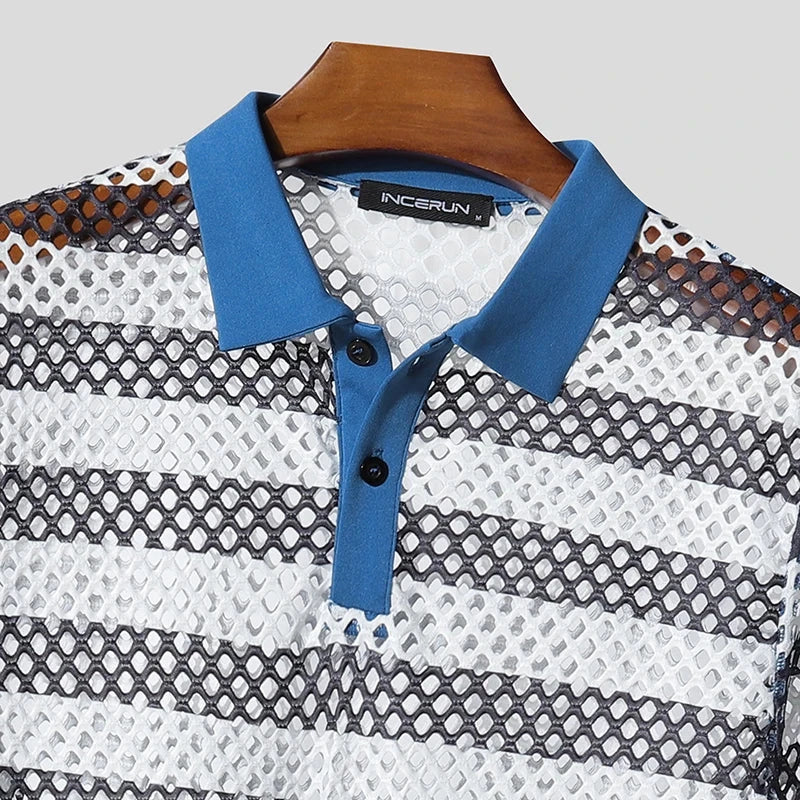 AIDASE  -  Men Shirt Striped Patchwork See Through Lapel Half Sleeve Hollow Out Male Shirts Streetwear Tops Fashion Men Clothing aidase-shop