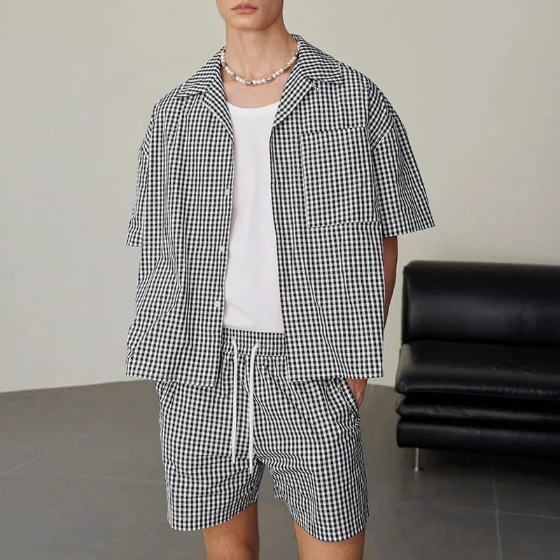 AIDASE  -  Men Plaid Sets Summer Vacation Streetwear Lapel Short Sleeve Shirt & Shorts 2PCS 2025 Loose Fashion Men's Casual Suits aidase-shop