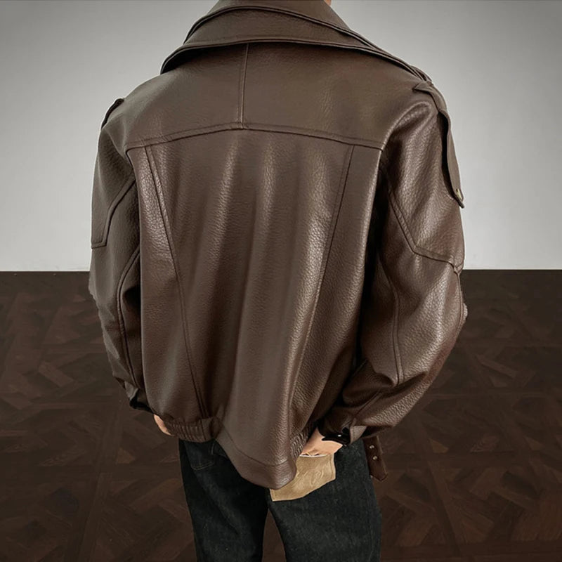 AIDASE  -  Men's PU Leather Jacket 2025 Autumn New Lychee Pattern Double Layer Collar Design Long Sleeve Fashion Male Coats 21E7549 aidase-shop