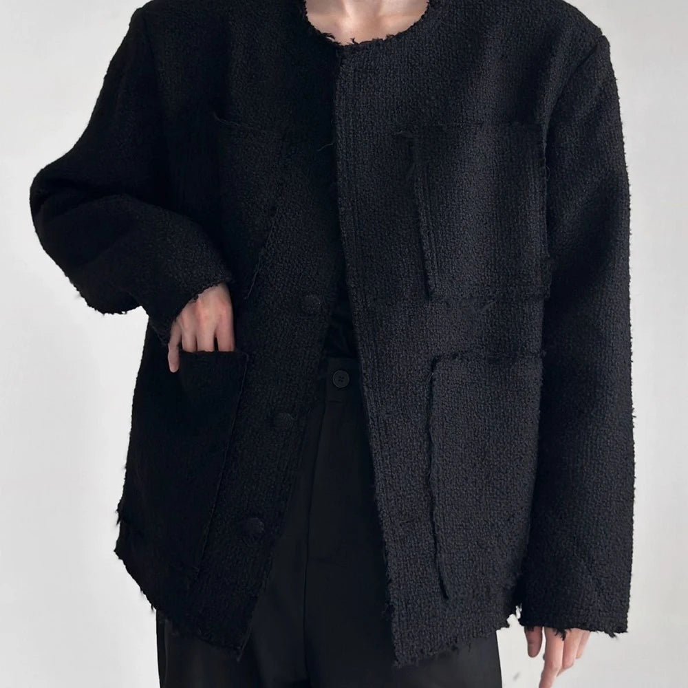 AIDASE  -  Mens Solid Color High-End Jacket Autumn And Winter New Style Raw Edge Design Collarless Loose Top Korean Style Trendy Jacket aidase-shop