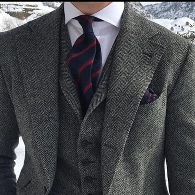 Aidase Herringbone Wool Grey Men Suits For Formal Business Groom Wedding Tuxedo 3 Piece Tweed Man Set Jacket Waistcoat with Pants aidase-shop