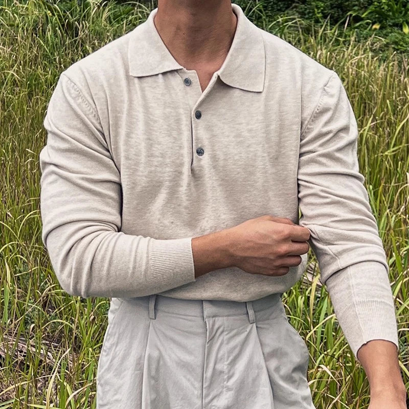 AIDASE  -  Slim Fit Button-up Turn-down Collar Knit Polo Shirt Fall Fashionable Mens Long Sleeve Polos Trendy Men's Solid Color Polo Shirts aidase-shop