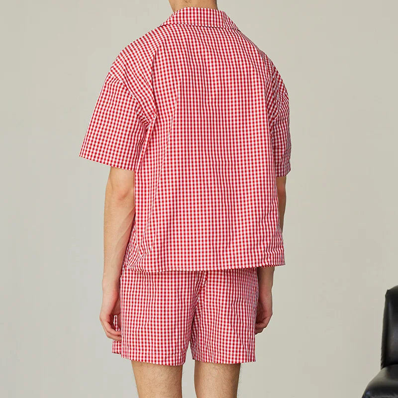 AIDASE  -  Men Plaid Sets Summer Vacation Streetwear Lapel Short Sleeve Shirt & Shorts 2PCS 2025 Loose Fashion Men's Casual Suits aidase-shop