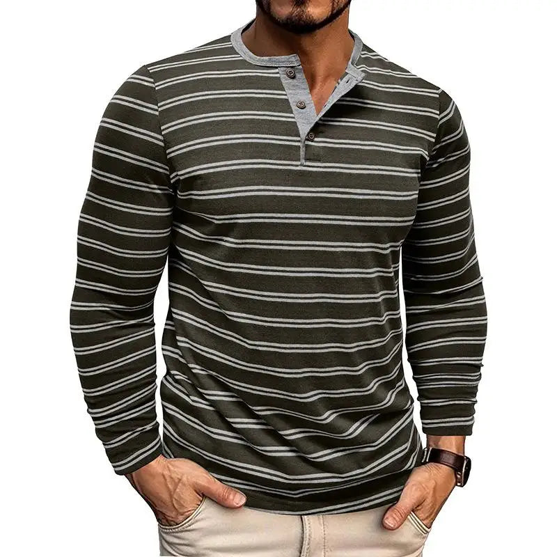 AIDASE  -  New Men's Henley Collar Long Sleeve T-Shirts Striped Casual Button T Shirt for Men Spring Autumn Male Fashion Cotton Tees Tops aidase-shop