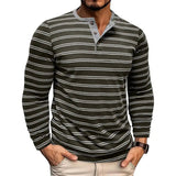 AIDASE  -  New Men's Henley Collar Long Sleeve T-Shirts Striped Casual Button T Shirt for Men Spring Autumn Male Fashion Cotton Tees Tops