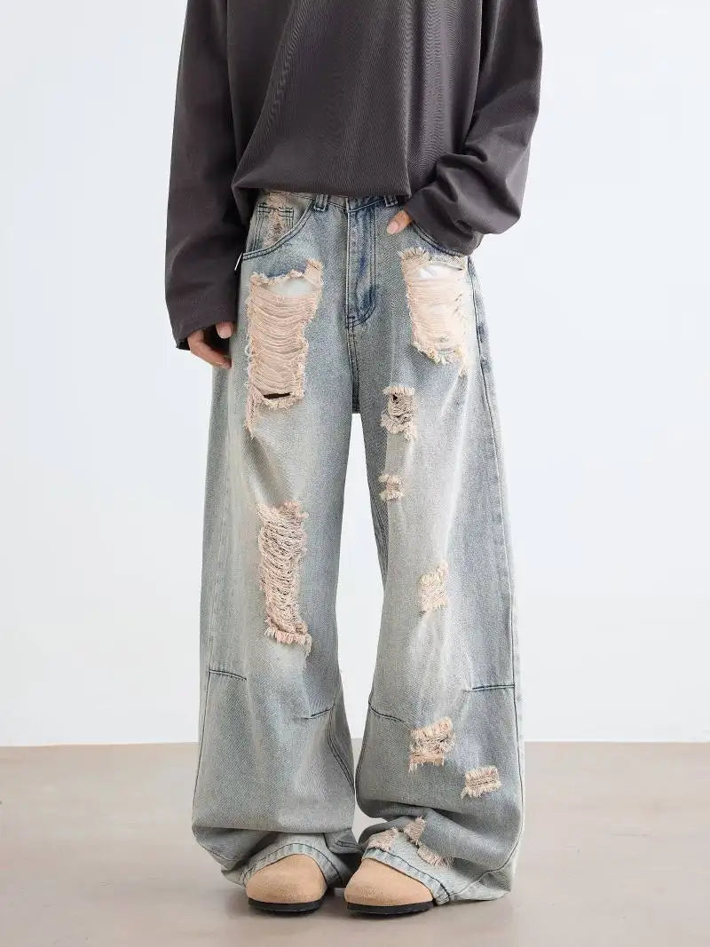 AIDASE  -  Men's Ripped Jeans Korean Style Trendy High Street Stylish Versatile Trousers 2025 Autumn Niche Design Denim Pants 21E7188 aidase-shop