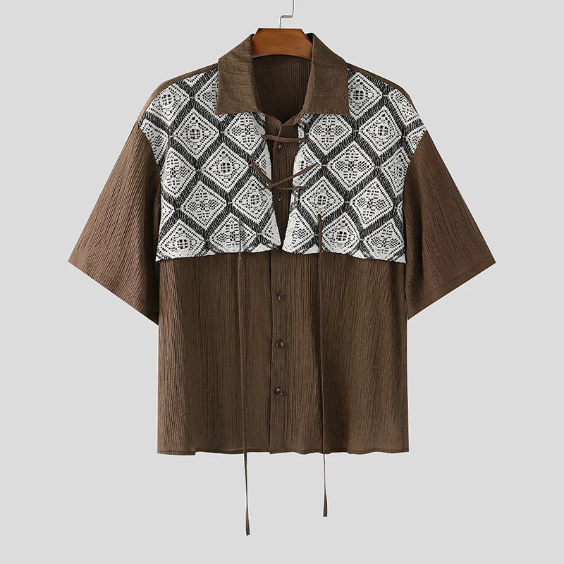 AIDASE  -  Men Shirt Lace Patchwork Pleated Lapel Short Sleeve Men Clothing Summer Streetwear 2025 Loose Fashion Casual Male Shirts aidase-shop