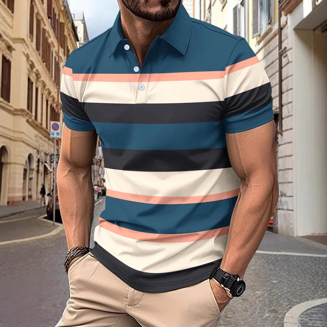 AIDASE  -  New Summer Men's Striped Polo Shirts Fashion Lapel Button Short Sleeve Sports Polos Classics Business Casual Tops Male Tees aidase-shop
