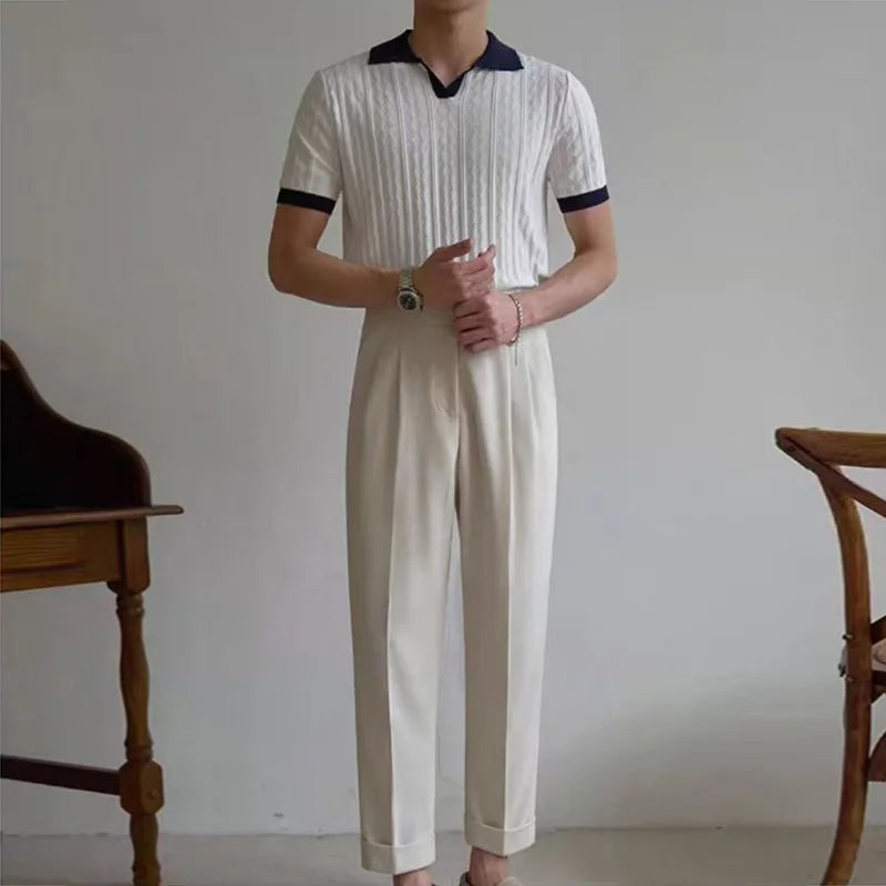 AIDASE  -  Knitting Short Sleeve Turn-down Collar Polos Men Summer New Casual Breathable Knit Polo Shirt Classic Mens Patchwork Polo Shirts aidase-shop