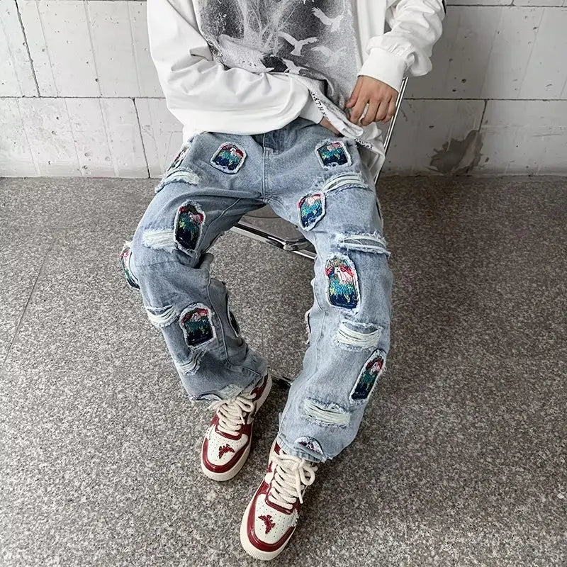 Aidase Korean Style Autumn Letter Printed Denim Pants Men Streetwear Washed Jean Pants Neutral Hip Hop Loose Straight Casual Jeans aidase-shop