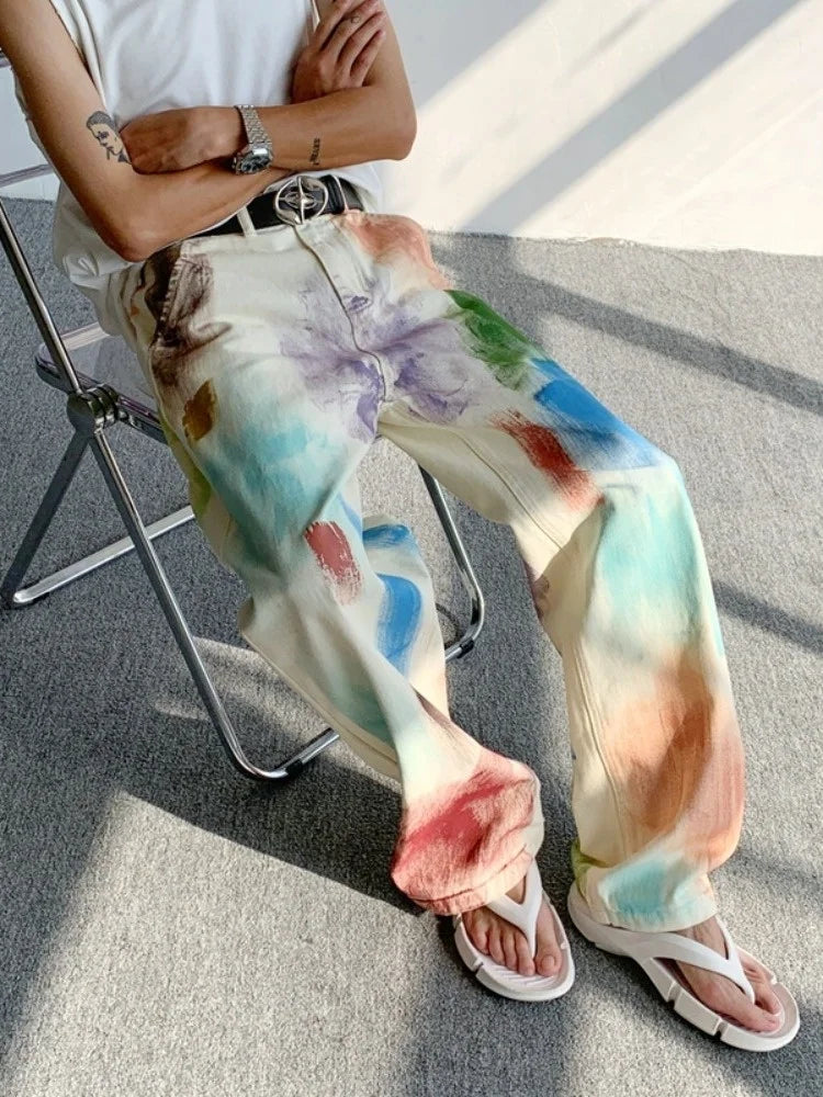 Aidase Oldschool Hand-painted Oil Painting Jeans with Colorful Paint Style, High-end Pants, Trendy Floor Mops aidase-shop