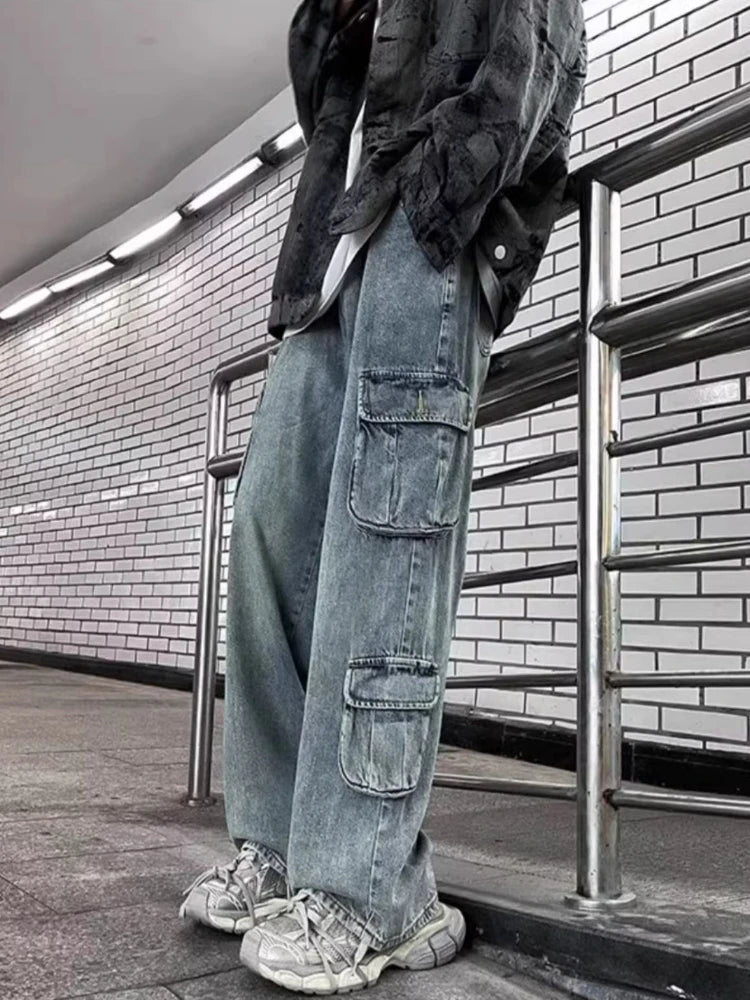 Aidase Men Jeans Multi Pockets Daily Hip Hop Casual Chic Teenagers All-match Mopping Washed Trousers Comfortable Classic Korean Style aidase-shop