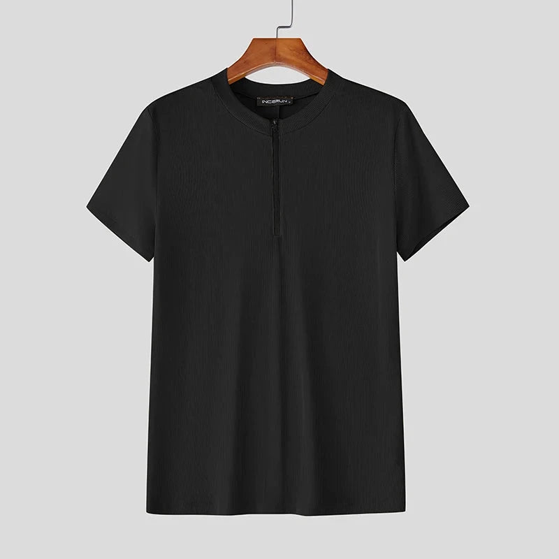 AIDASE  -  Men T Shirt Knitted Solid Color Zipper O-neck Short Sleeve Male Tee Tops Streetwear 2025 Fashion Casual Men Clothing aidase-shop