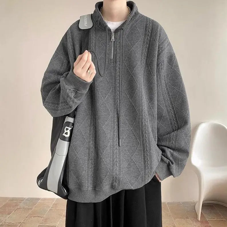 AIDASE  -  American Retro Zip-Up Collar Jacquard Sweatshirt Men's Winter Plush Oversized Couple Coat aidase-shop