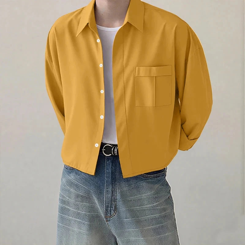AIDASE  -  Men Casual Shirt Solid Color Lapel Long Sleeve Button Men Clothing Streetwear Loose 2025 Fashion Male Crop Tops Shirts aidase-shop