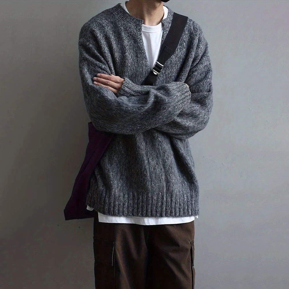 AIDASE  -  American Street Fashion Solid Color V-Neck Sweater Men Autumn And Winter Lazy Style High-End Casual Knitted Sweater Jacket Men aidase-shop