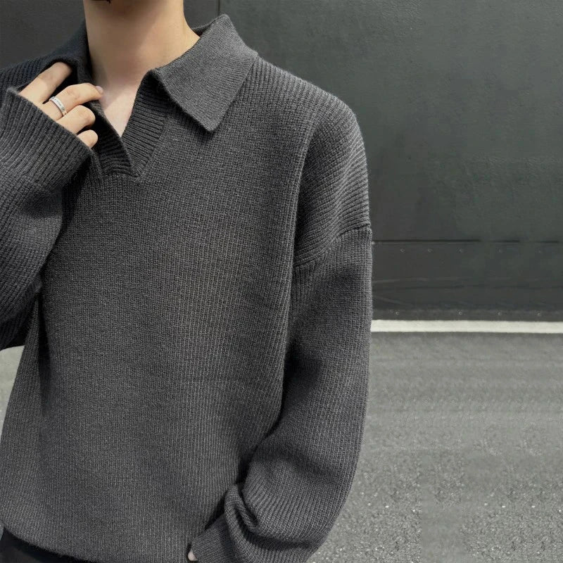 AIDASE  -  Autumn Winter Men's Sweater Korean Style Loose Long Sleeve Lapel Solid Color Male Pullover Fashion Casual Tops 21E7478 aidase-shop