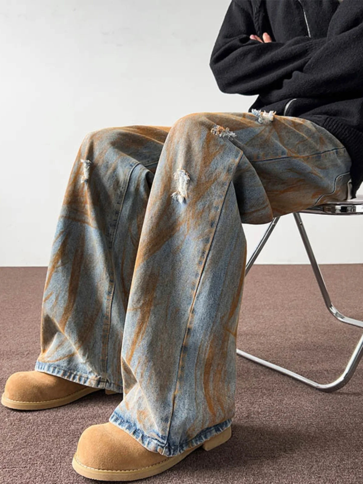 Aidase Spring and Autumn Tie Dyed Distressed Jeans, Men's Straight Leg American Trendy Brand Ruffian Handsome Casual Hip-hop High 2024 aidase-shop