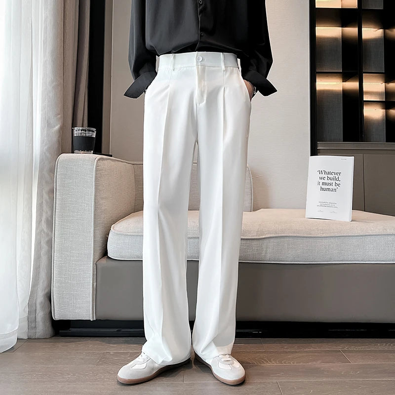 Aidase Summer Men Thin Casual Suit Pants Long Straight Drape Silky Wide Loose Trousers Male Elastic Waist Oversize Clothes Black White aidase-shop