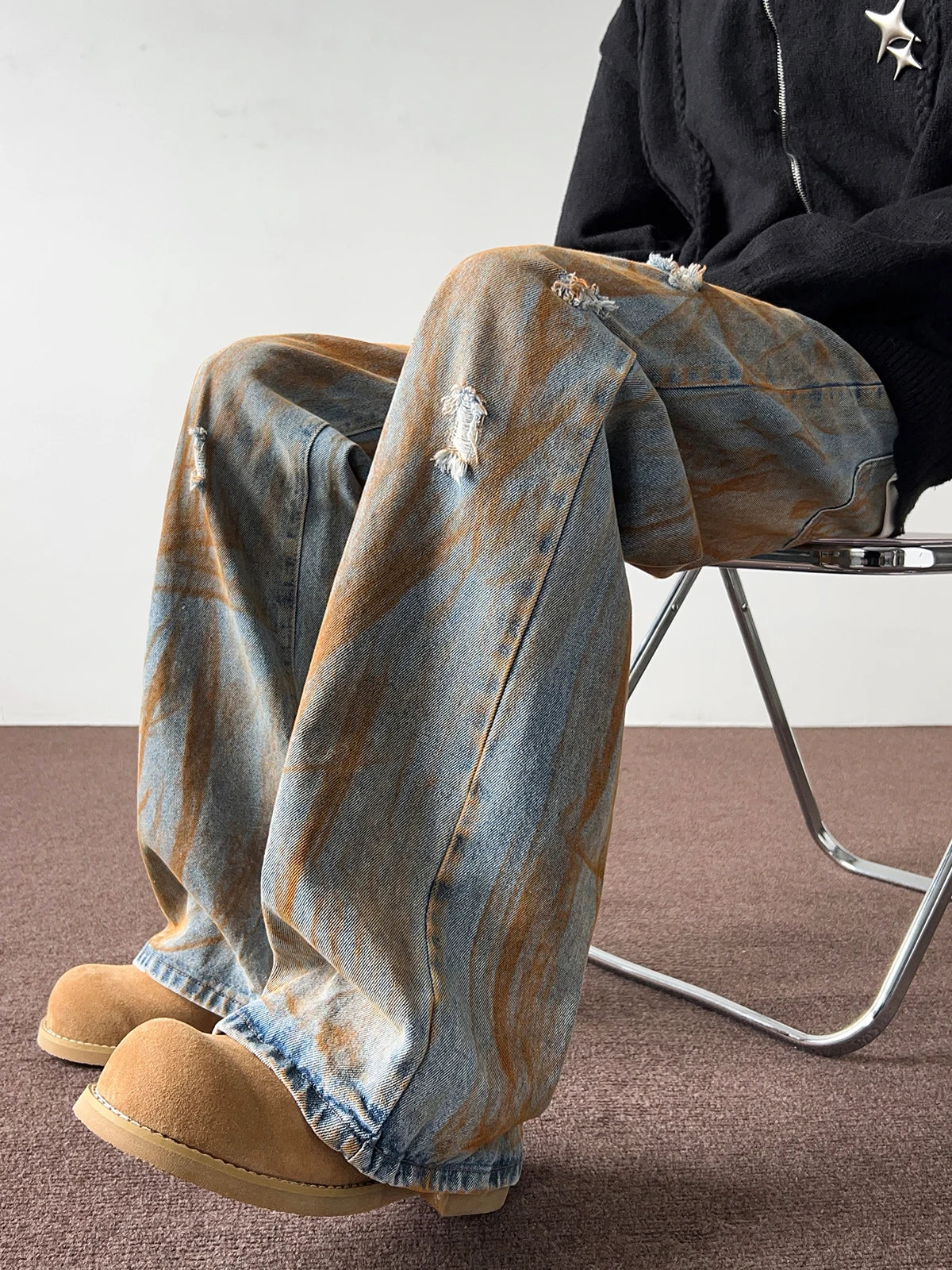 Aidase Spring and Autumn Tie Dyed Distressed Jeans, Men's Straight Leg American Trendy Brand Ruffian Handsome Casual Hip-hop High 2024 aidase-shop