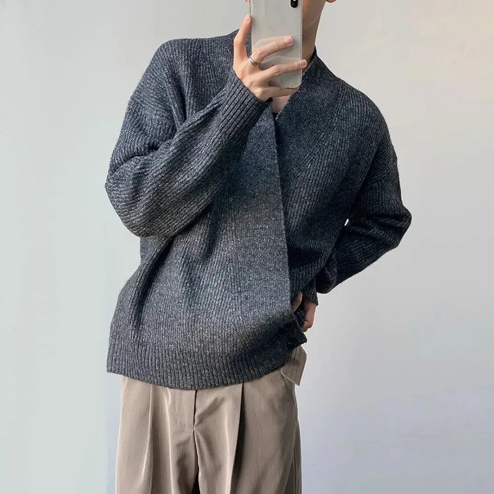 AIDASE  -  American High Street Fashion Solid Color Sweater Jacket Autumn And Winter Irregular Oblique Button V-Neck Cardigan Sweater Men aidase-shop