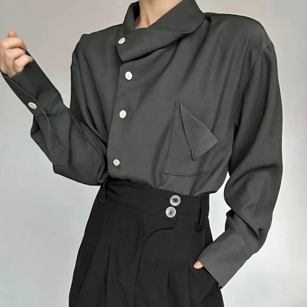 AIDASE  -  Spring New Men's Long Sleeve Solid Color Shirt Elegant Retro High-End Fashion Loose Neckline Design Irregular Men's Tops aidase-shop