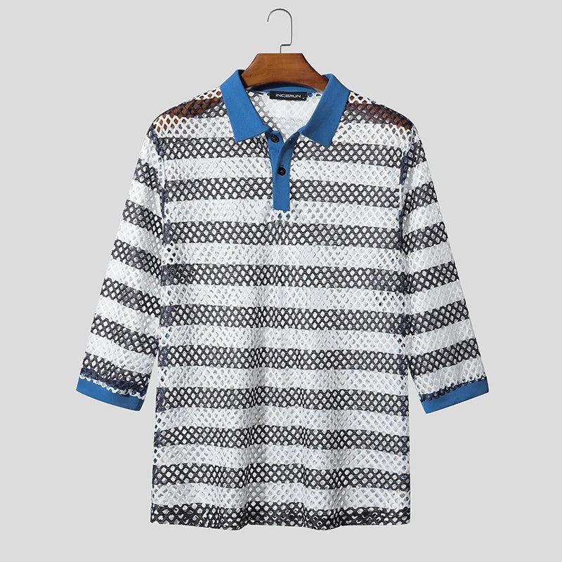 AIDASE  -  Men Shirt Striped Patchwork See Through Lapel Half Sleeve Hollow Out Male Shirts Streetwear Tops Fashion Men Clothing aidase-shop