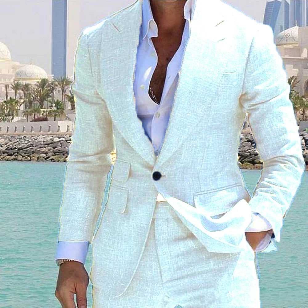159.03Aidase Fashion Men Linen Suits Peak Lapel One Button Business Formal Groomsmen Wedding Tuxedo Slim Fit 2 Piece Set Jacket Blazer Pants aidase-shop