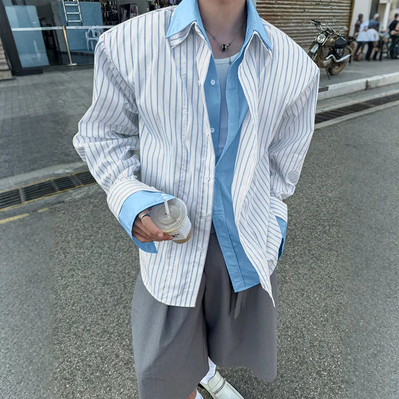 AIDASE  -  Men Shirt Striped Patchwork Lapel Long Sleeve Loose Men Clothing Streetwear 2025 Fashion Casual Male Shirts Korean Style aidase-shop