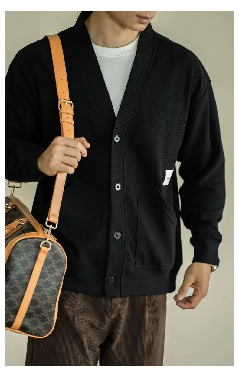 AIDASE  -  European Large V-neck Work Jacket Men's Twill Texture Elastic Long-sleeved Sweatshirt Cardigan Casual Commuting aidase-shop