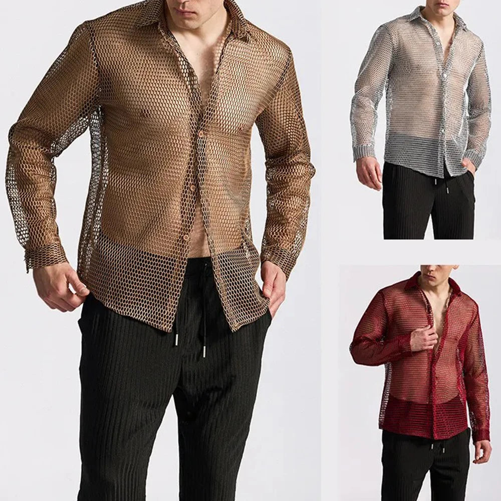 AIDASE  -  Mens Shirt Hollow Ballroom Nightclub Sexy Shirt Streetwear Fashion Youth Outdoor Niche Long-Sleeved Top Men'S Clothing 2025 New aidase-shop
