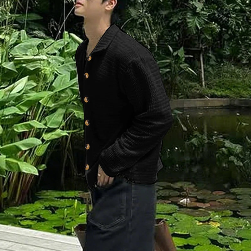 AIDASE  -  Men Shirt Hollow Out See Through Solid Color Lapel Long Sleeve Men Clothing Streetwear Loose 2025 Fashion Casual Tops aidase-shop