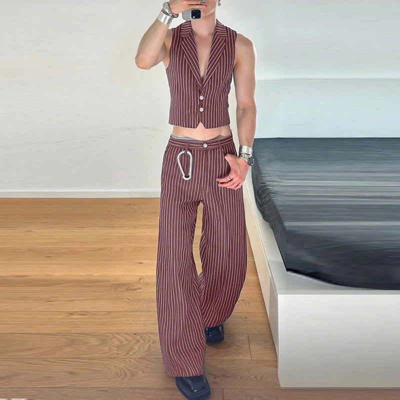 AIDASE  -  Men Striped Sets Lapel Sleeveless Vests & Pants Two Pieces Sets Streetwear Elegant 2025 Fashion Casual Men's Suits S-5XL aidase-shop